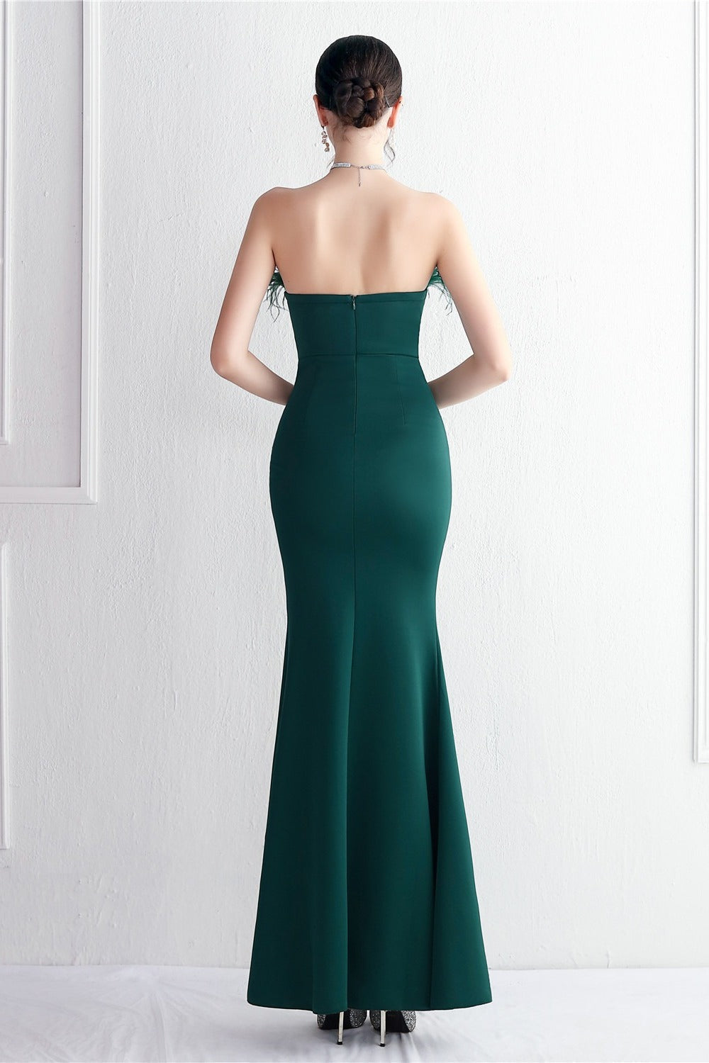 Feather Trim Strapless High Split Mermaid Gown