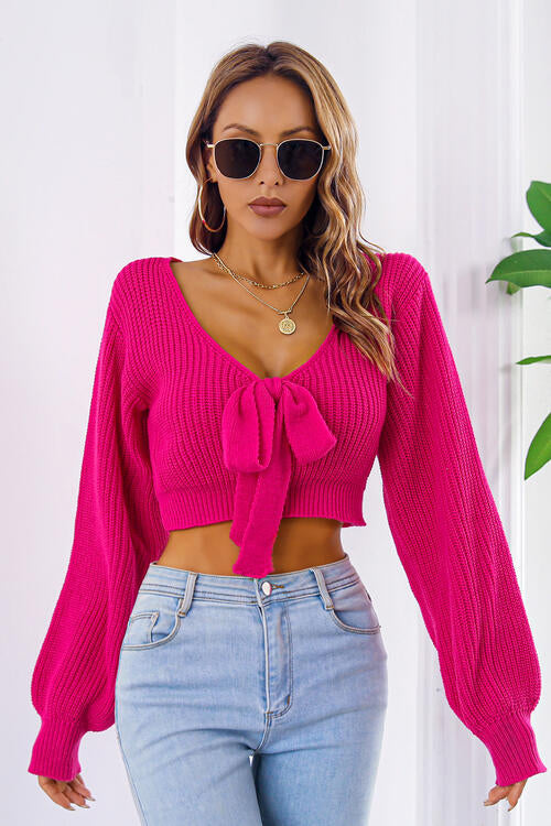 V-Neck Tie Front Lantern Sleeve Ribbed Knit Cropped Sweater 14