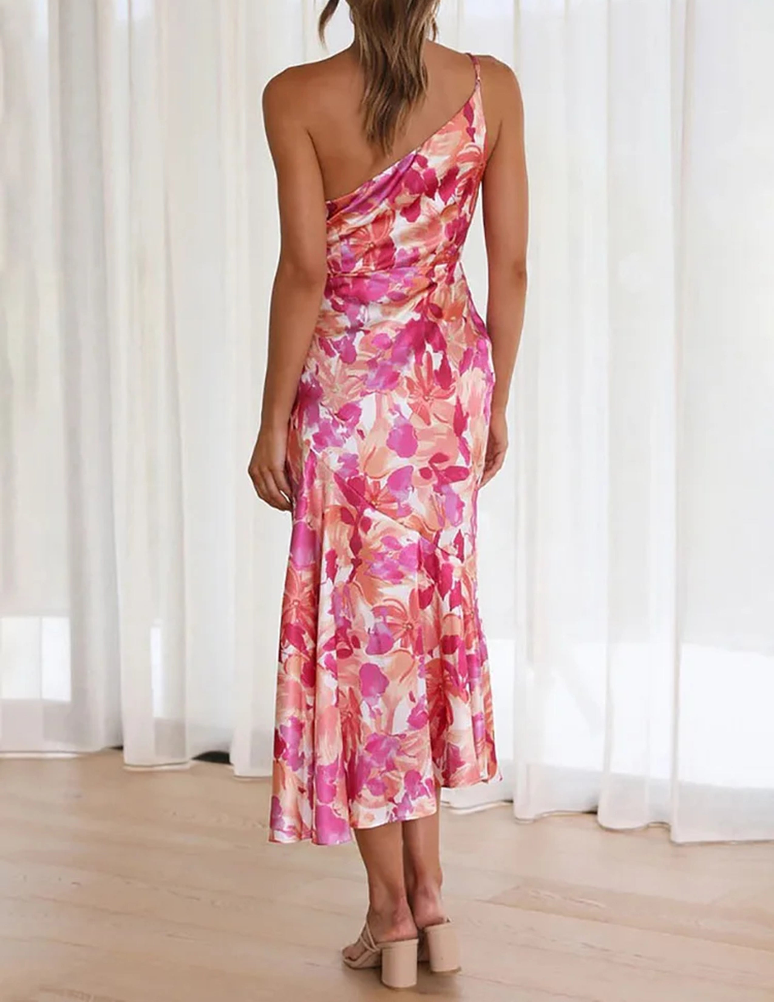Floral Satin One Shoulder Ruched Mermaid Midi Dress