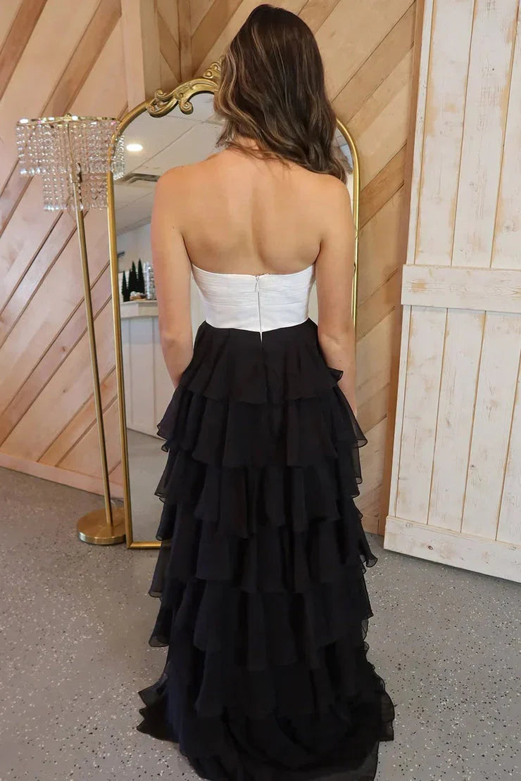 Cute Royal Blue A-Line Strapless Long Tiered Prom Dress with Slit