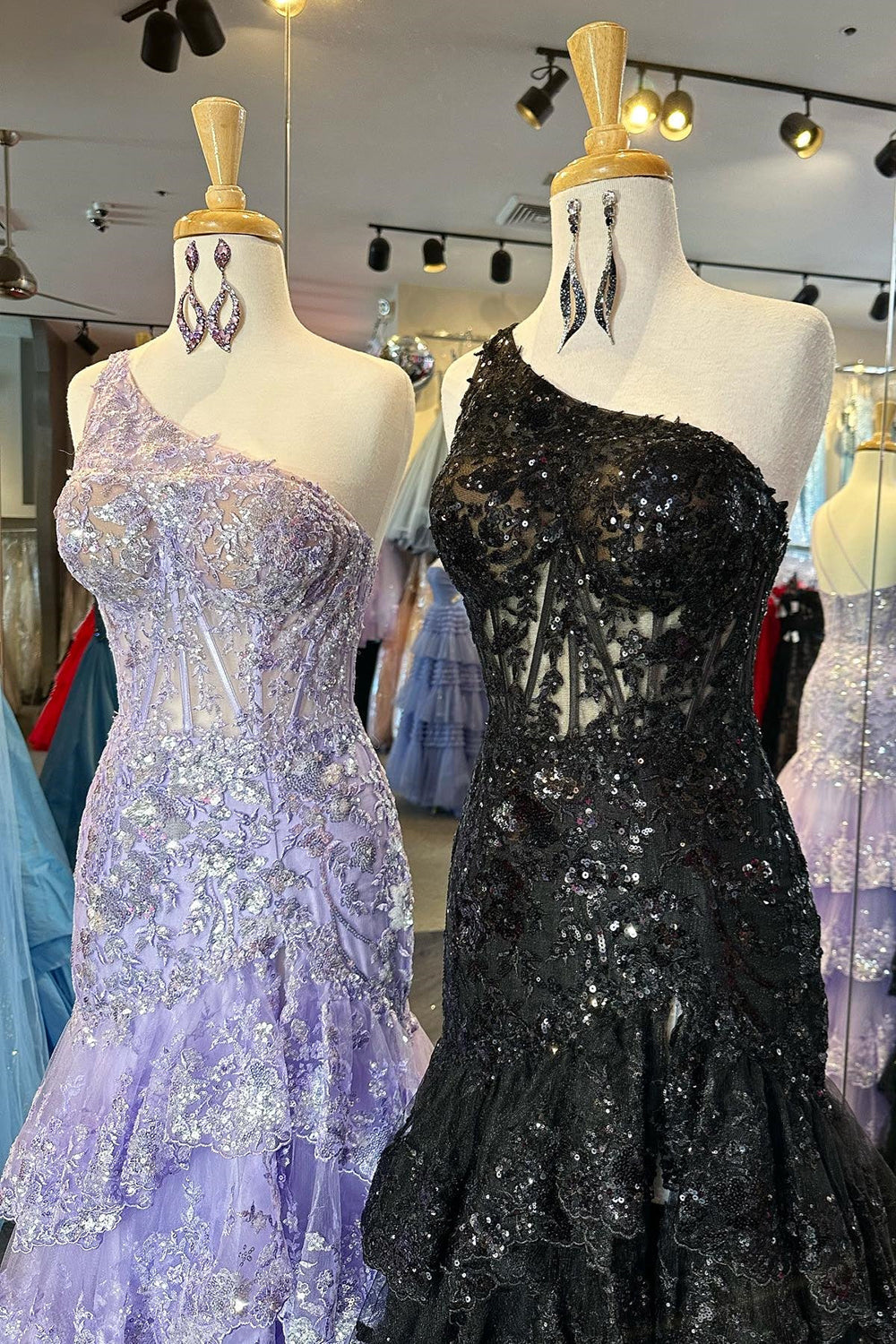 Sparkly Navy One Shoulder A-Line Sweep Train Tiered Prom Dress with Split