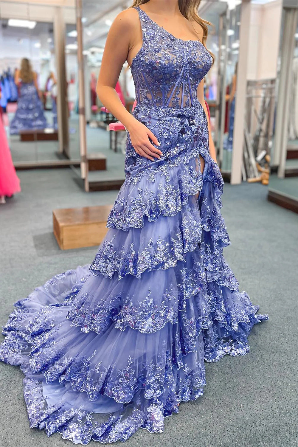 Sparkly Navy One Shoulder A-Line Sweep Train Tiered Prom Dress with Split