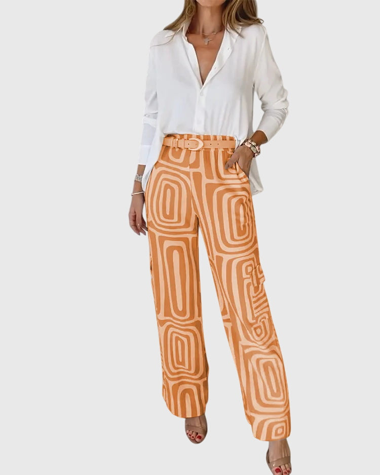 Long Sleeve Shirt and Geometric Print Wide Leg Pants Two Piece Set