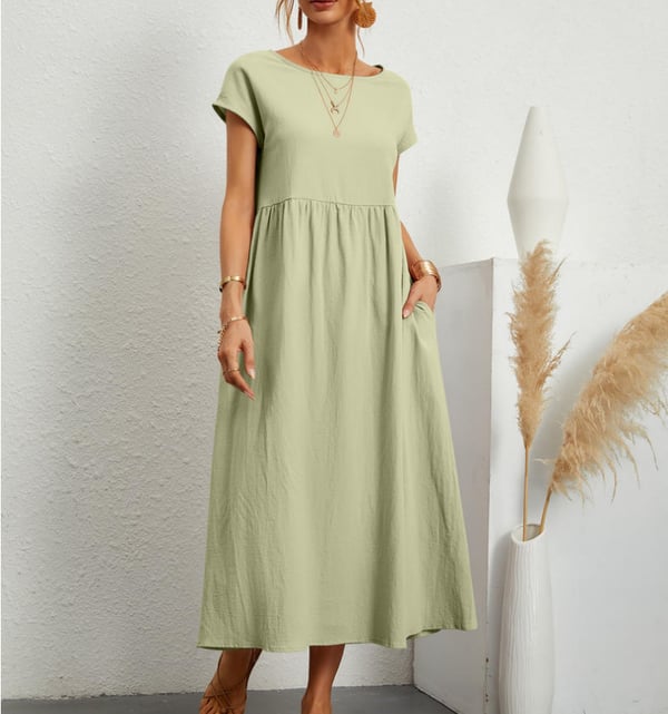 Short Sleeve Empire Waist Gathered Pocket Knee Length Summer Dress