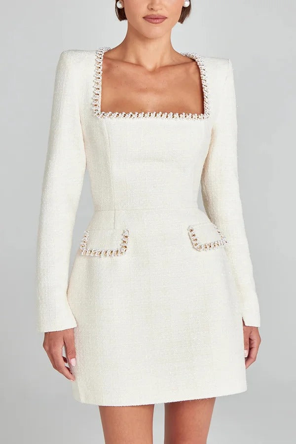Tweed Square Neck Pearl Trim Long Sleeve Pocket Mini Dress