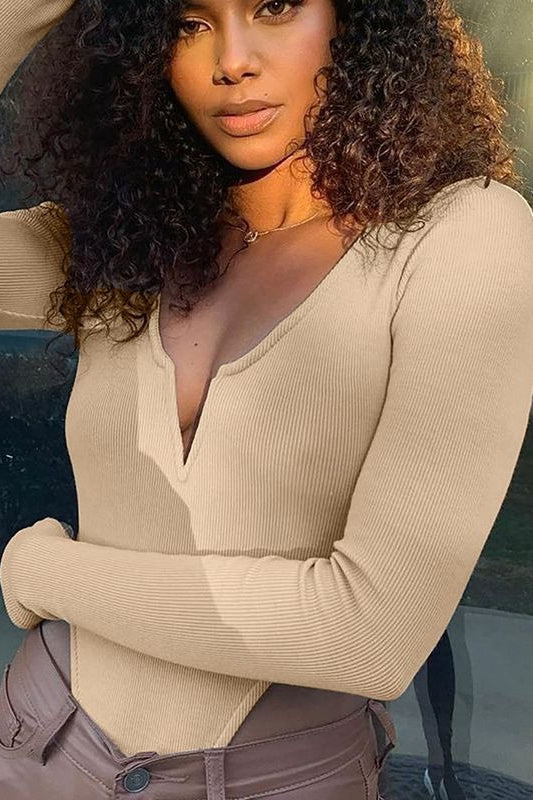 Ribbed Knit Deep V-Neck Long Sleeve High Cut Bodysuit 4