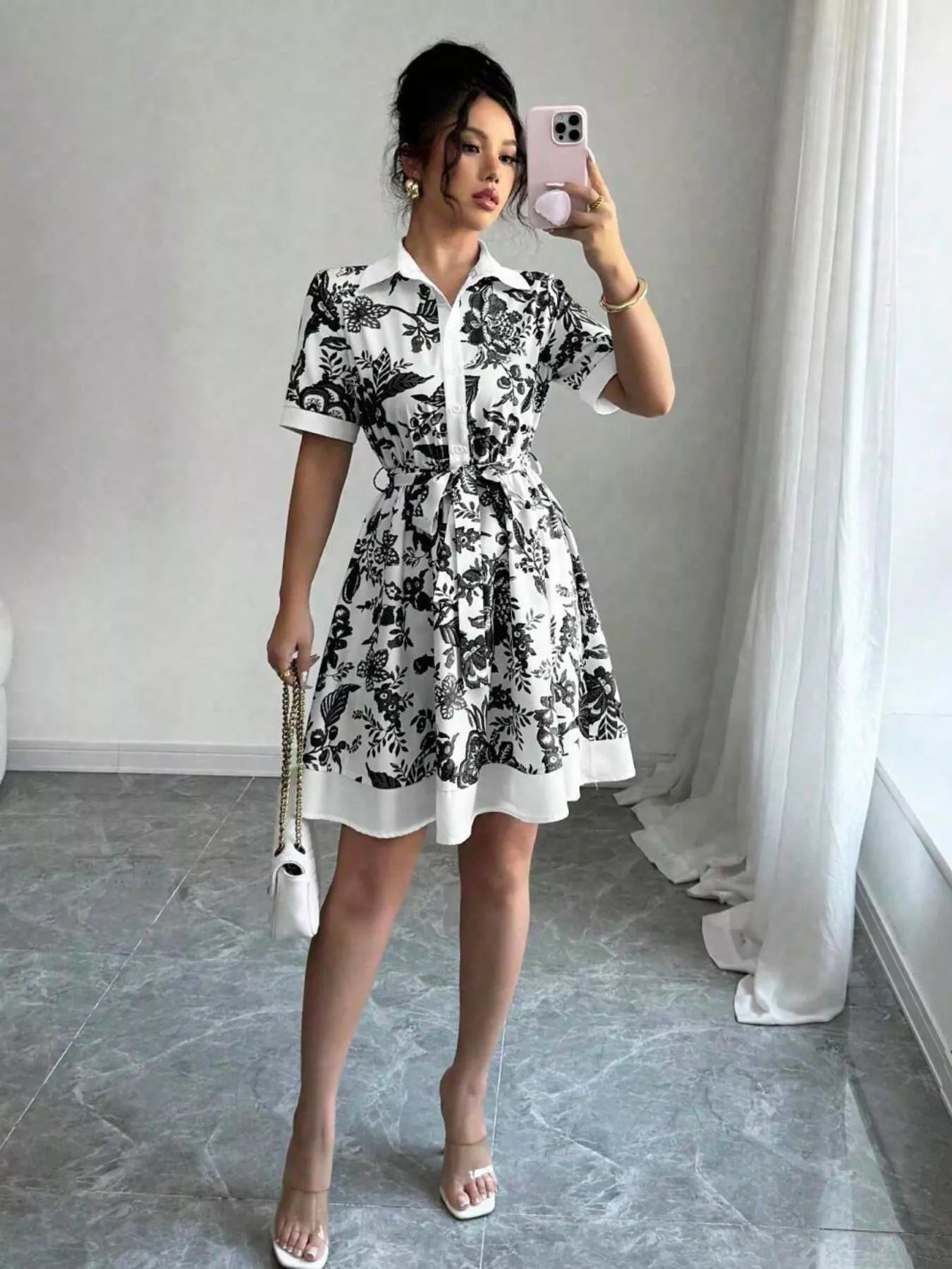 Floral Print Button-Front Shirt Dress – Casual Collared Mini Dress for Women Black