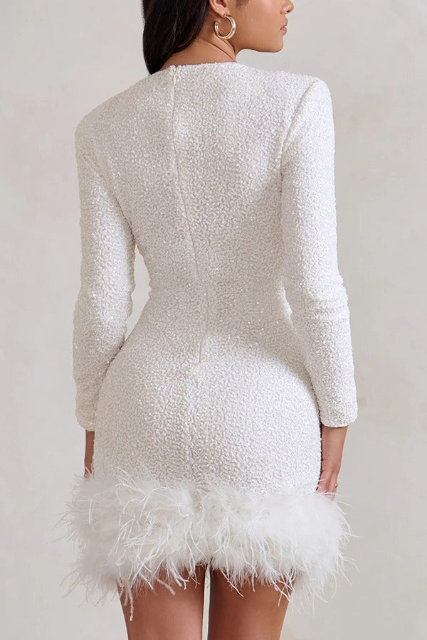 Sequin Crew Neck Long Sleeve Feather Trim Bodycon Mini Dress - View 4