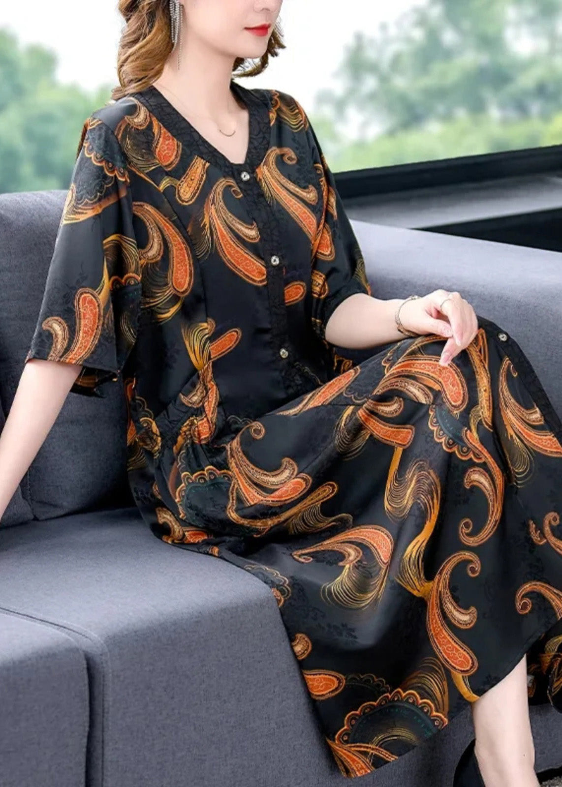 Paisley Print V-Neck Short Sleeve Button Front Side Ruffle A-Line Midi Dress