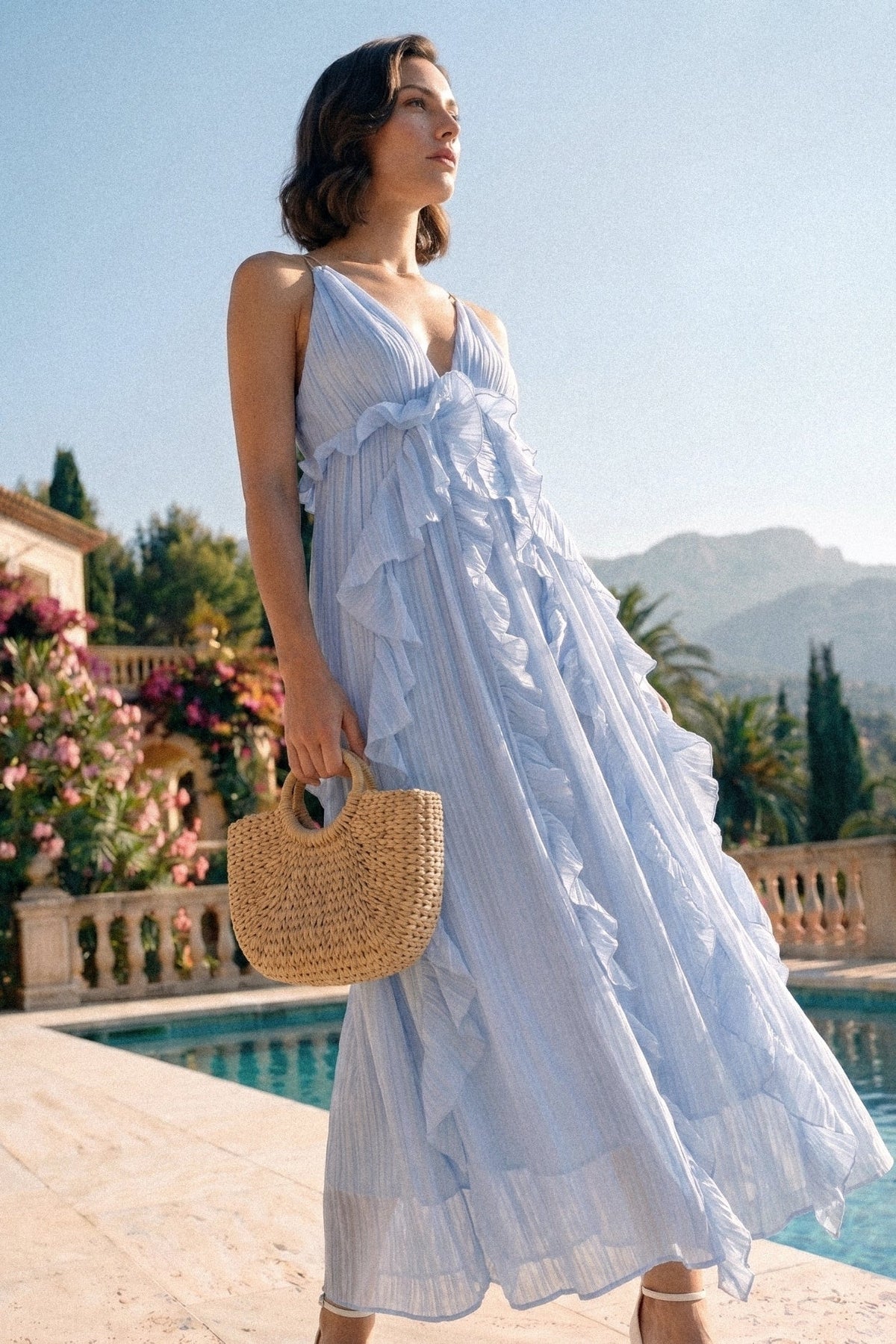 Deep V-Neck Spaghetti Strap Cascading Ruffle Pleated Maxi Dress 4