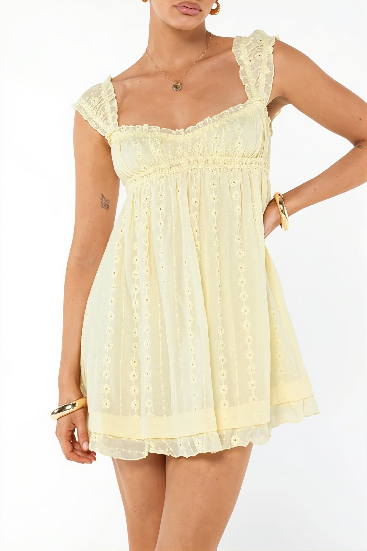 Eyelet Embroidered Square Neck Ruffle Strap Babydoll Mini Dress