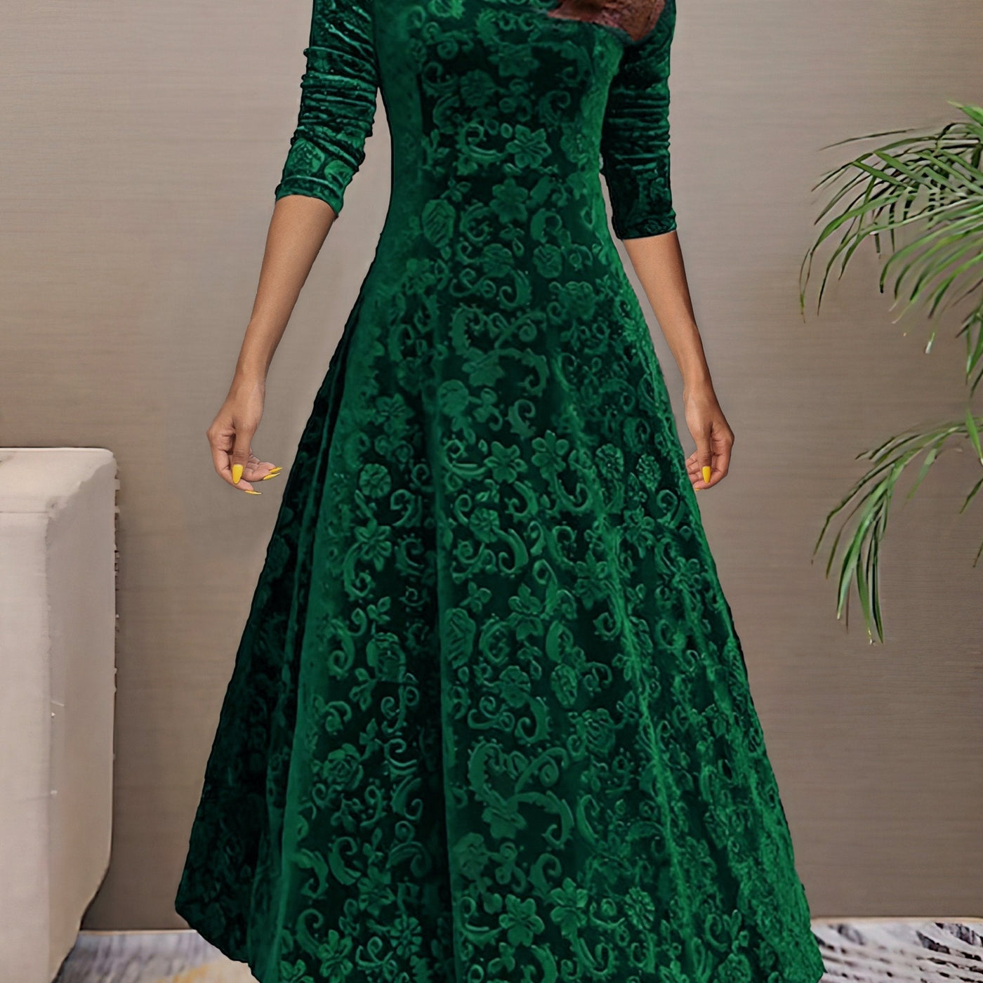 Floral Velvet V-Neck Long Sleeve Fit and Flare Midi Dress 6