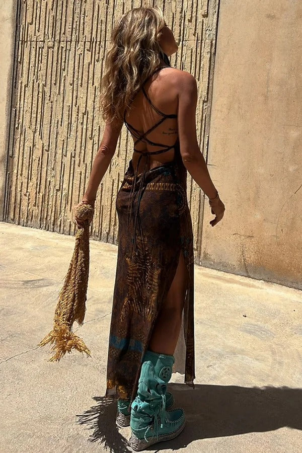Backless Lace Up Fringe High Split Boho Maxi Dress