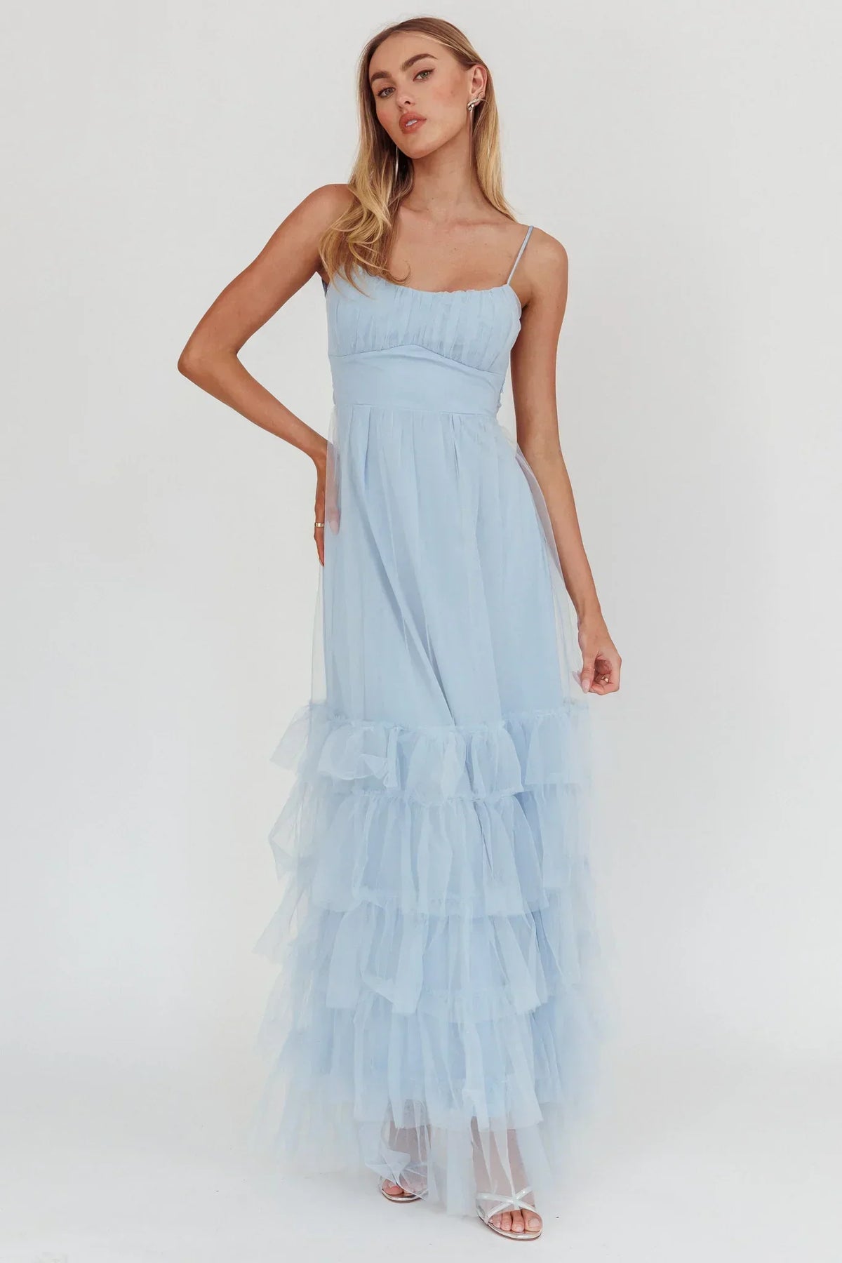 Tulle Spaghetti Strap Ruched Bust Tiered Ruffle Maxi Dress