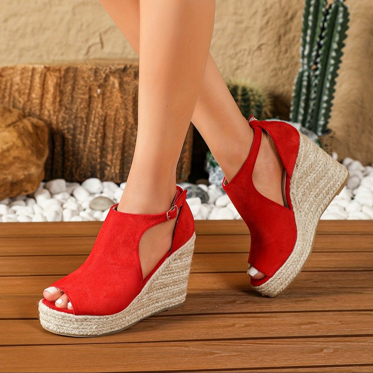 Peep Toe Cut Out Ankle Strap Espadrille Wedge Sandals