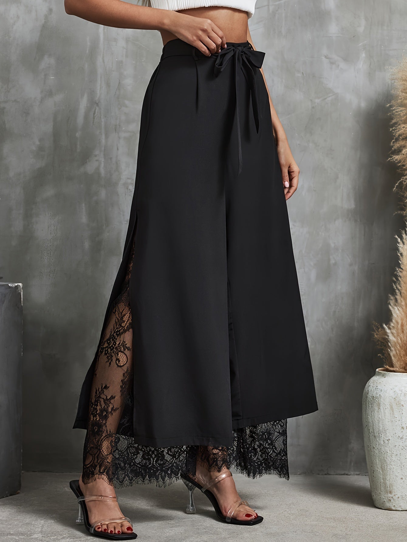 Elegant Lace Trim Elastic Waist Wide-Leg Palazzo Pants