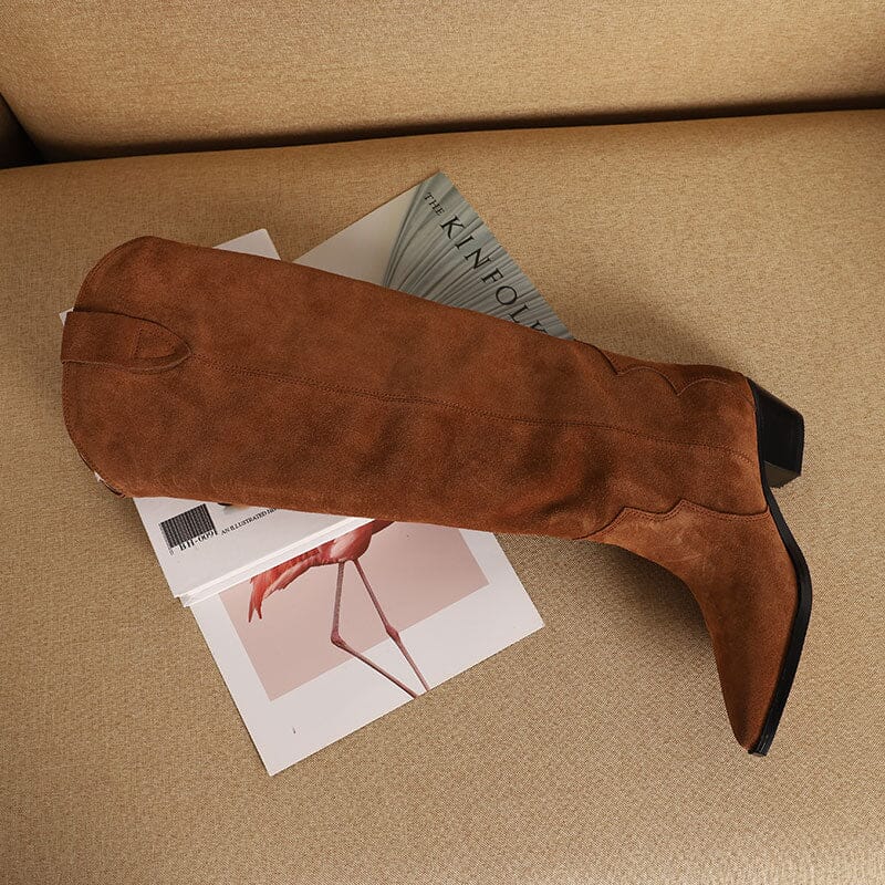 Womens Western Suede Knee High Boots Block Heel - Khaki/Black/Grey/Brown Cowgirl Boots All Genuine Leather