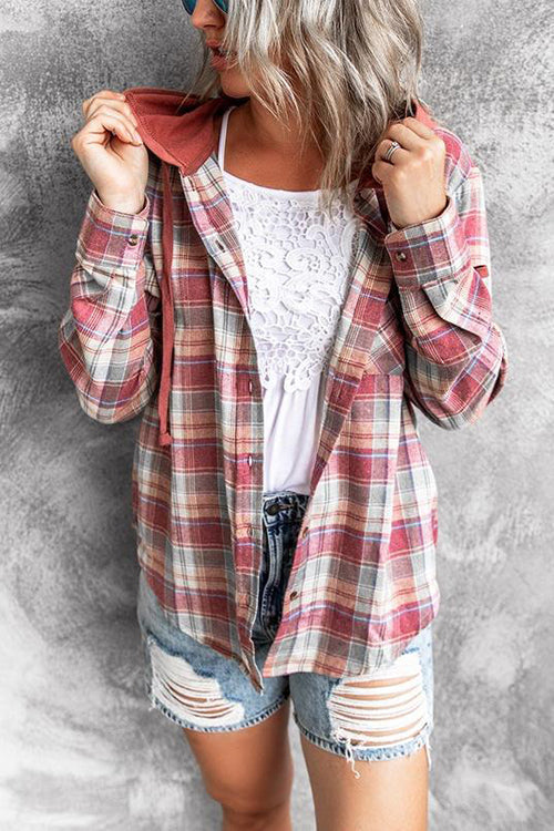 Flannel Plaid Button Down Hoodie Top
