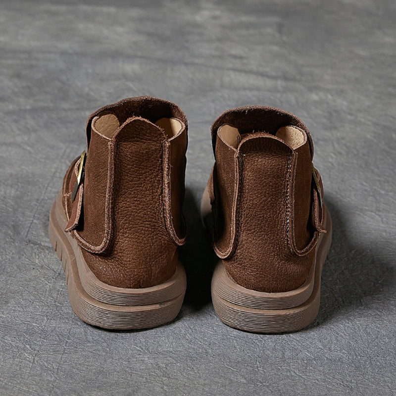 Mori Style Ankle Booties For Women Brush-Off Leather Buckle Boots in Coffee/Khaki