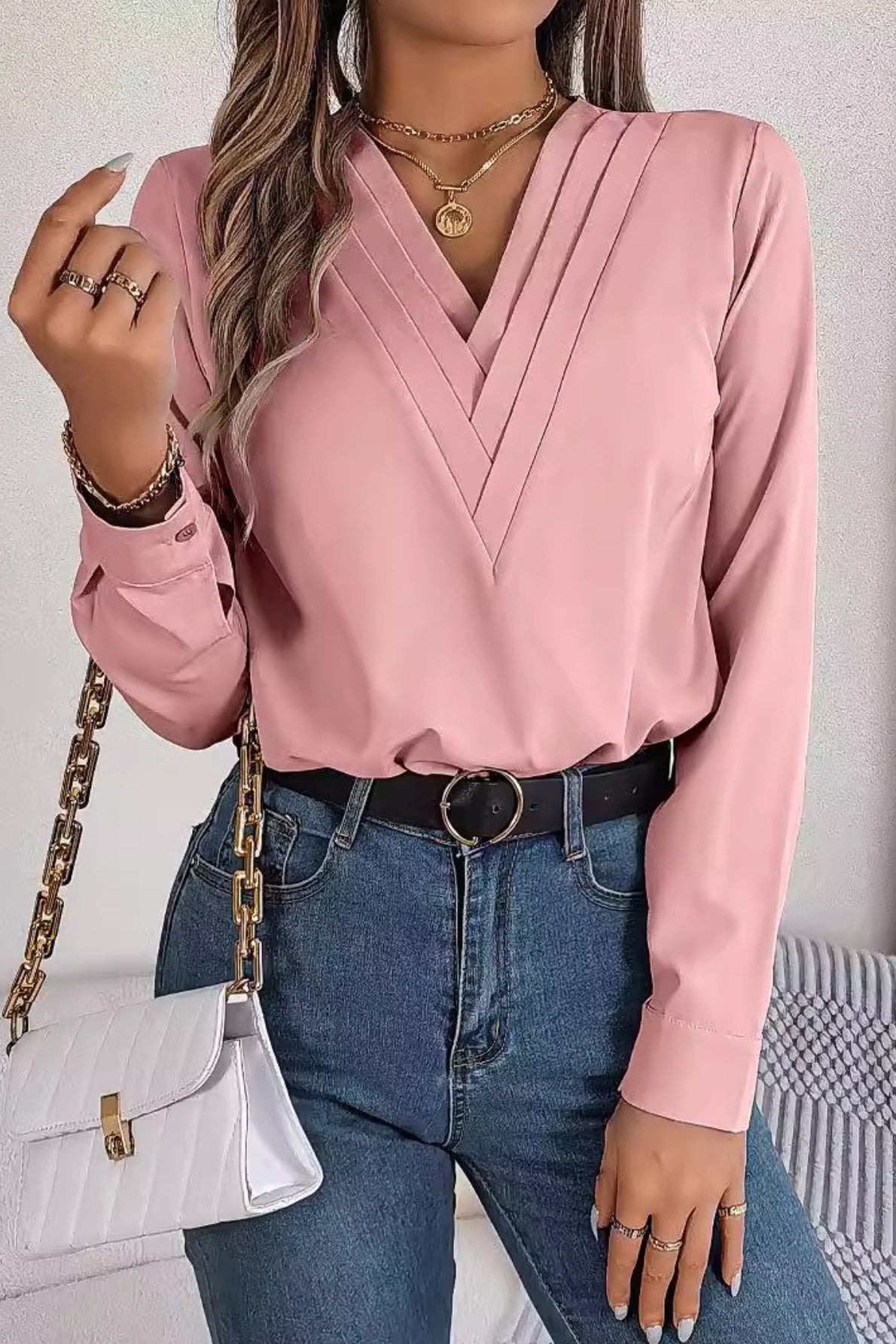 Solid Color Layered V Neck Elegant Long Sleeve Blouse
