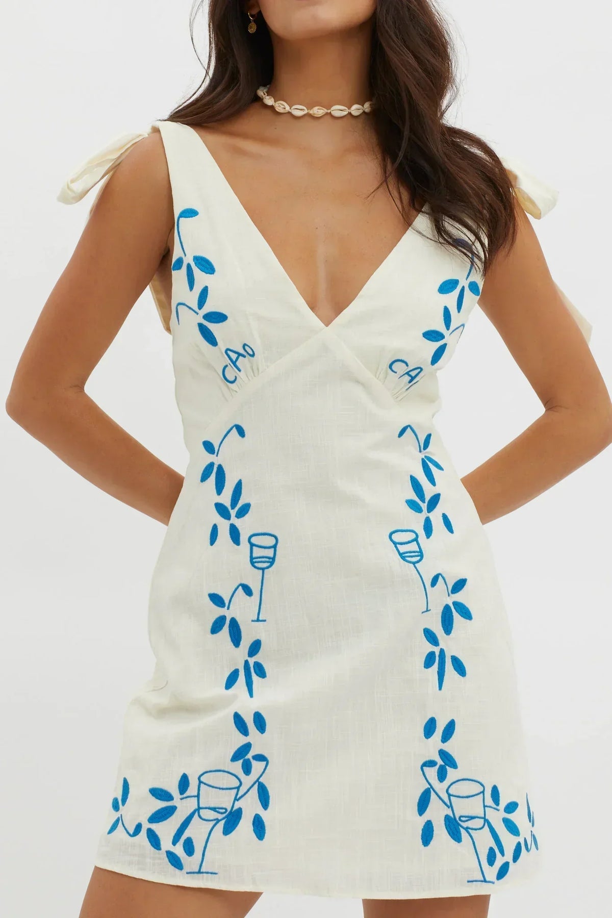 Embroidered Deep V-Neck Tie Shoulder Sleeveless A-Line Mini Dress 3