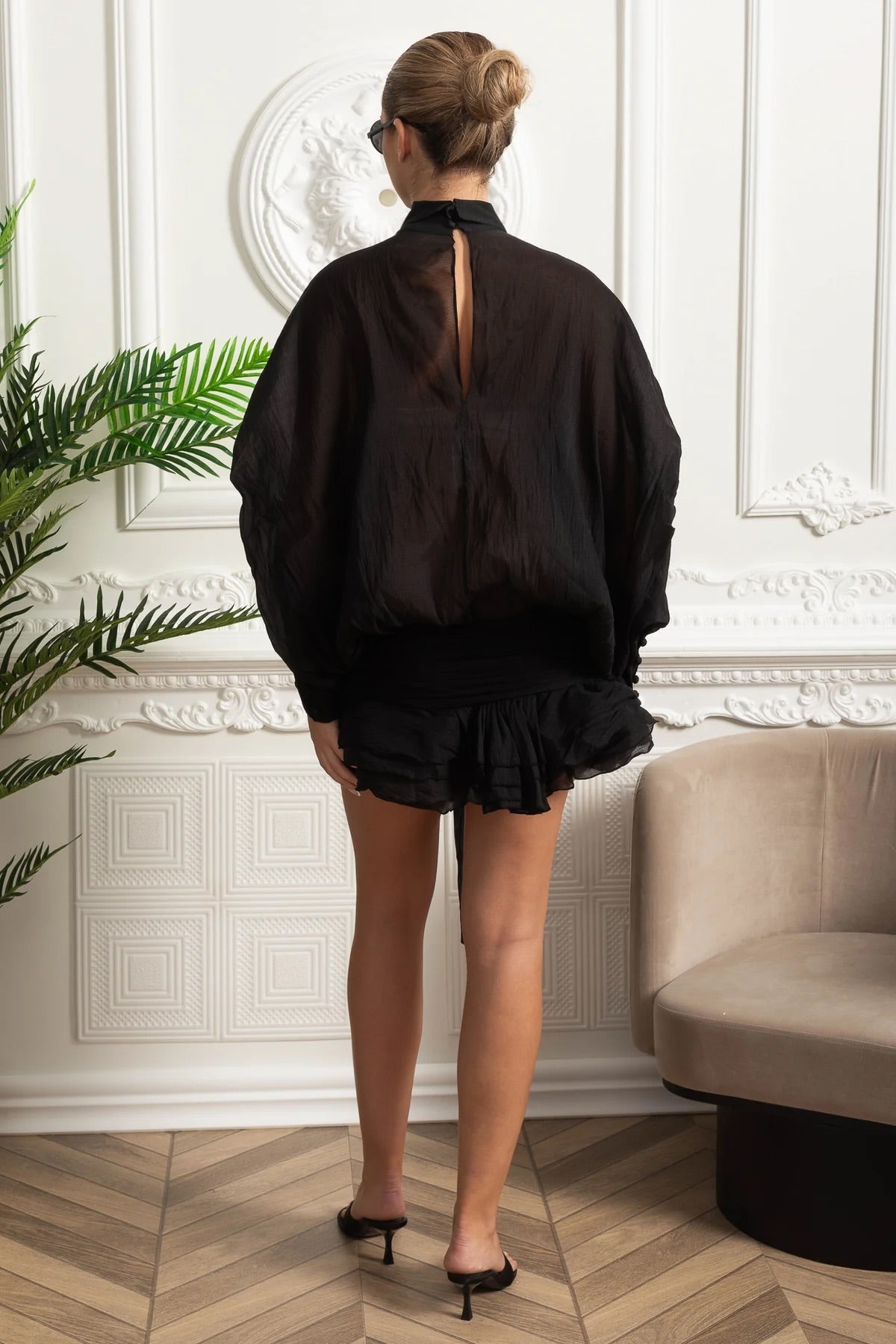 Sheer Bow Tie Neck Pleated Long Sleeve Oversized Ruffle Hem Mini Dress 4