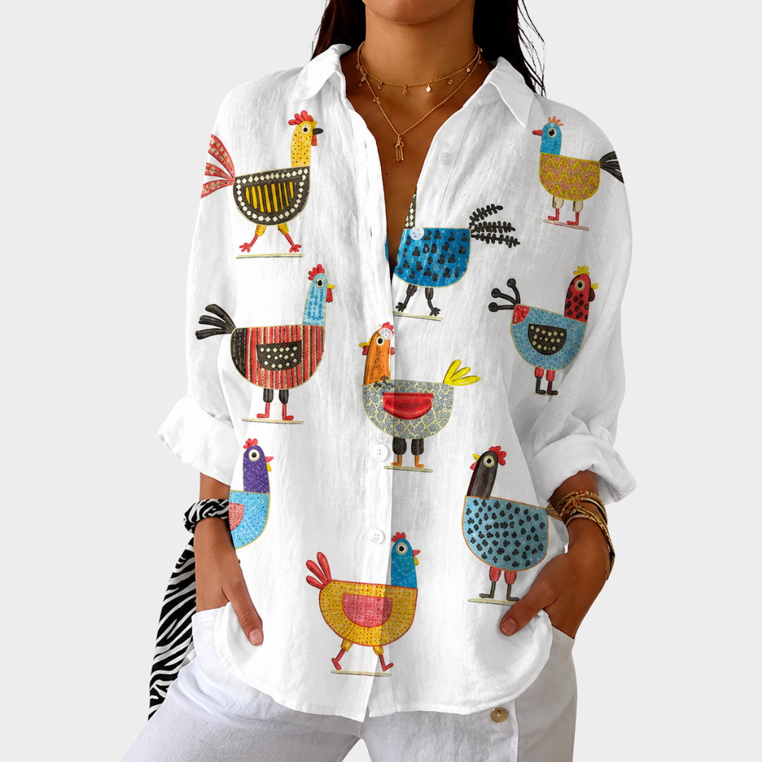 Rooster Print Collared Long Sleeve Button Front Shirt