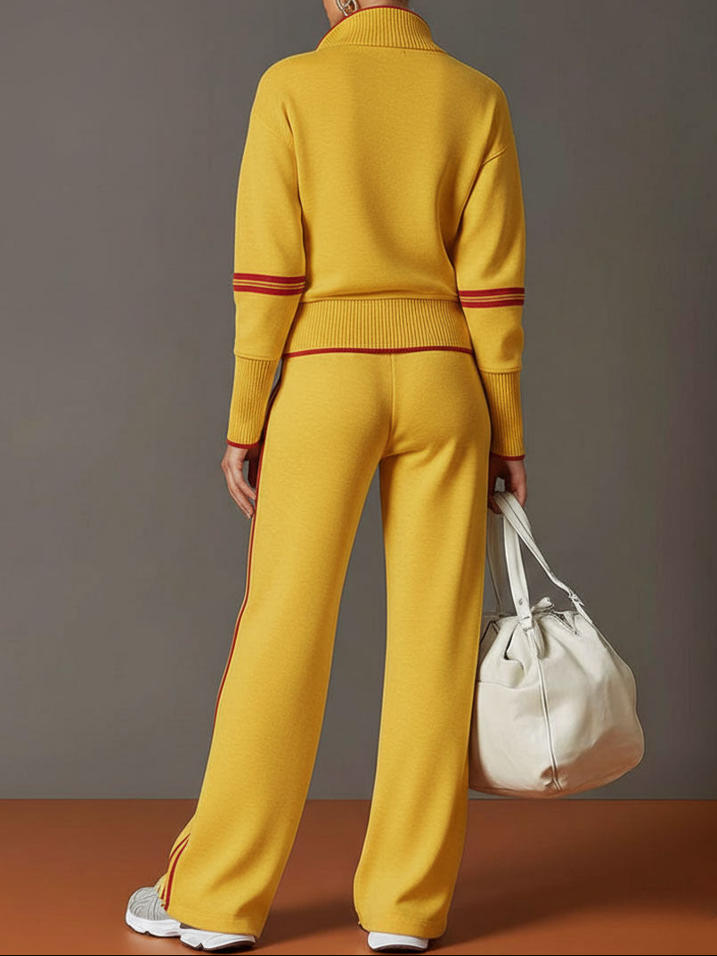 Quarter Zip Contrast Trim Pullover and Wide Leg Pants Two Piece Set