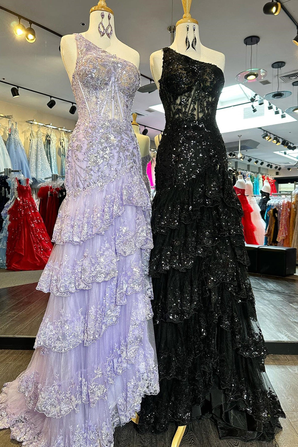 Sparkly Navy One Shoulder A-Line Sweep Train Tiered Prom Dress with Split