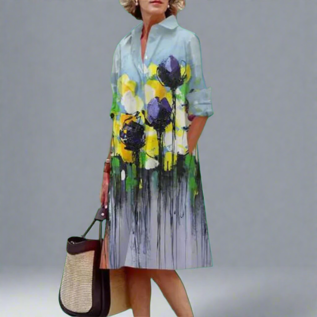 Rumi - Women’s Crushed Floral Long Sleeve Lapel Midi Dress
