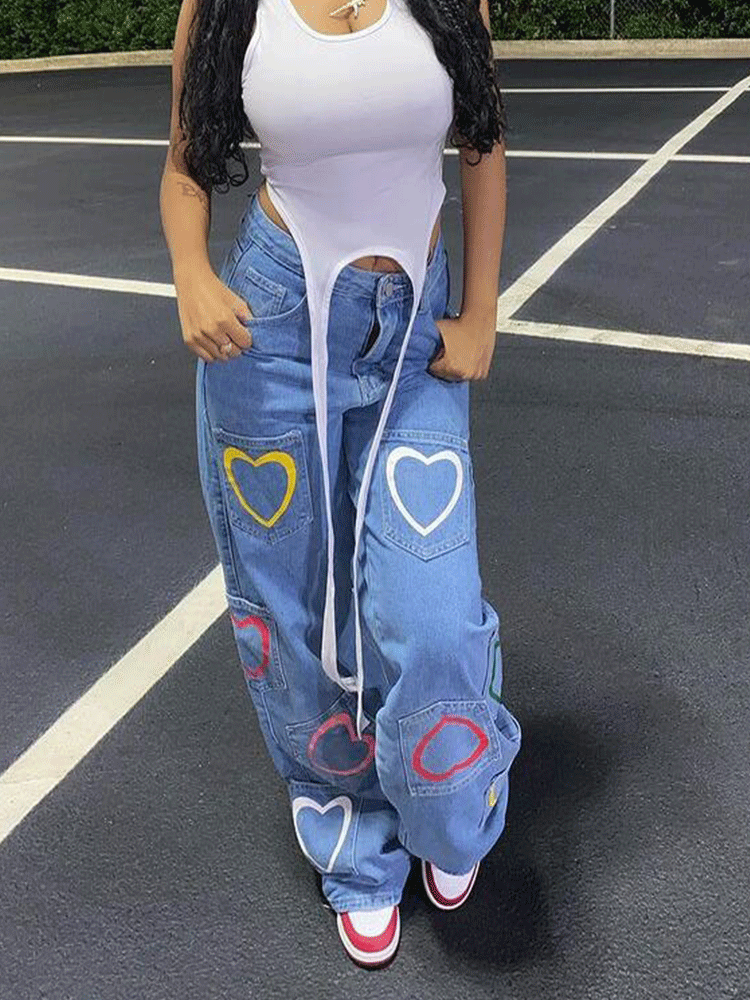 Heart Print Patch Pocket High Waist Wide Leg Jeans 3