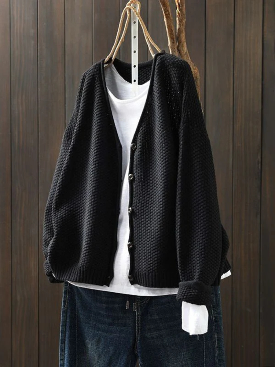 V-Neck Button Front Waffle Knit Cardigan