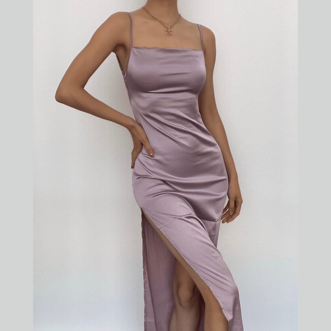 Satin Straight Neck Spaghetti Strap Open Back High Split Midi Dress