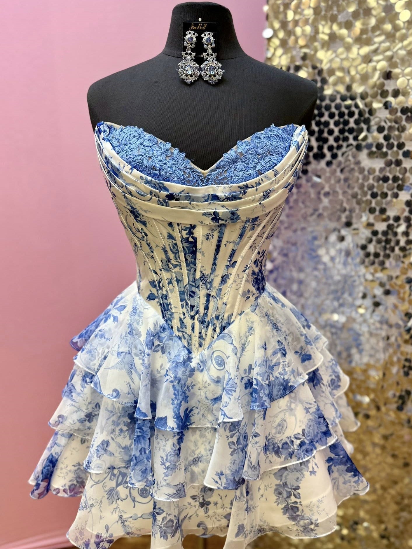 Gorgeous A Line Sweetheart Blue Printed Short Homecoming Dress with Ruffles