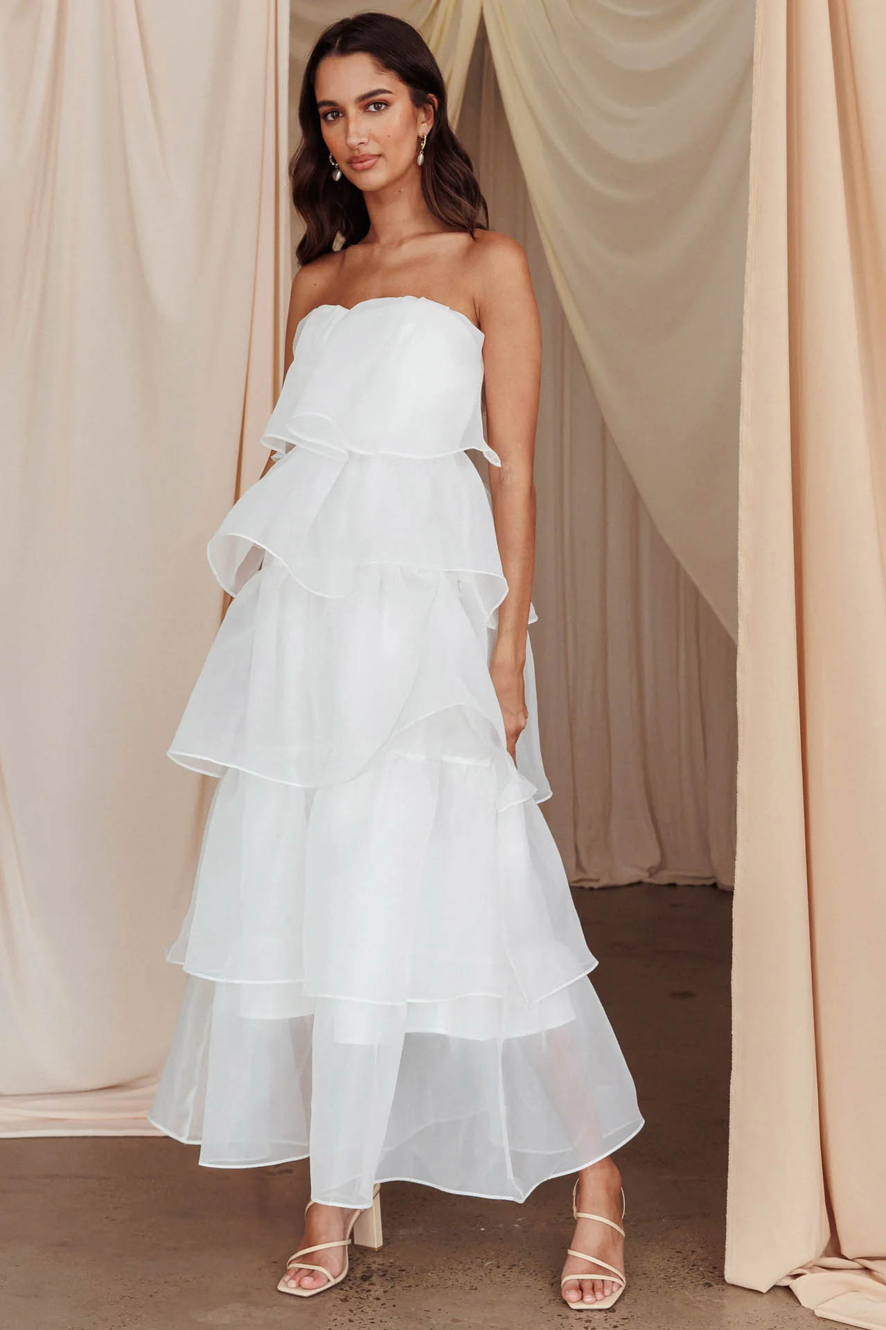 Strapless Backless Tiered Ruffle Organza Maxi Dress