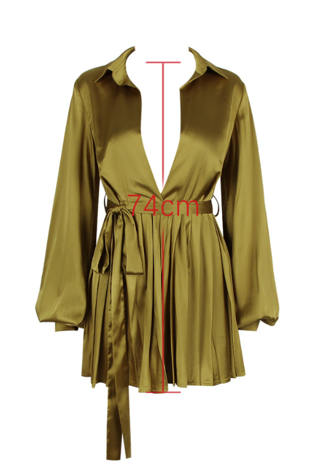 Satin Deep V-Neck Balloon Sleeve Belted Pleated Mini Shirt Dress 6