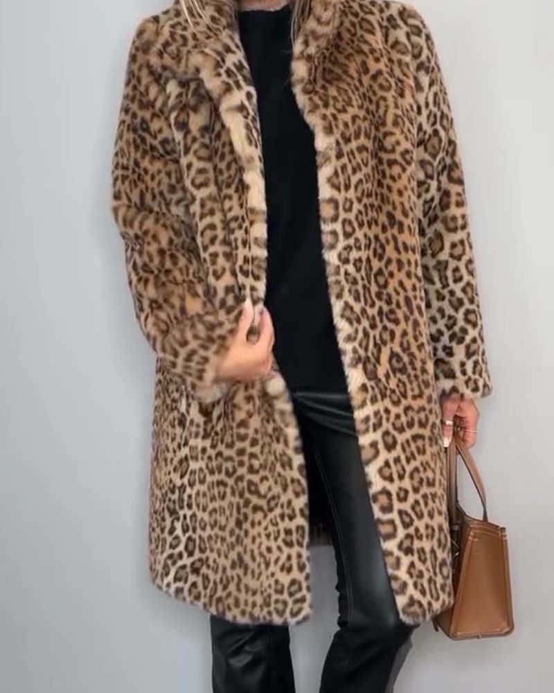Leopard Print Faux Fur Lapel Collar Longline Coat
