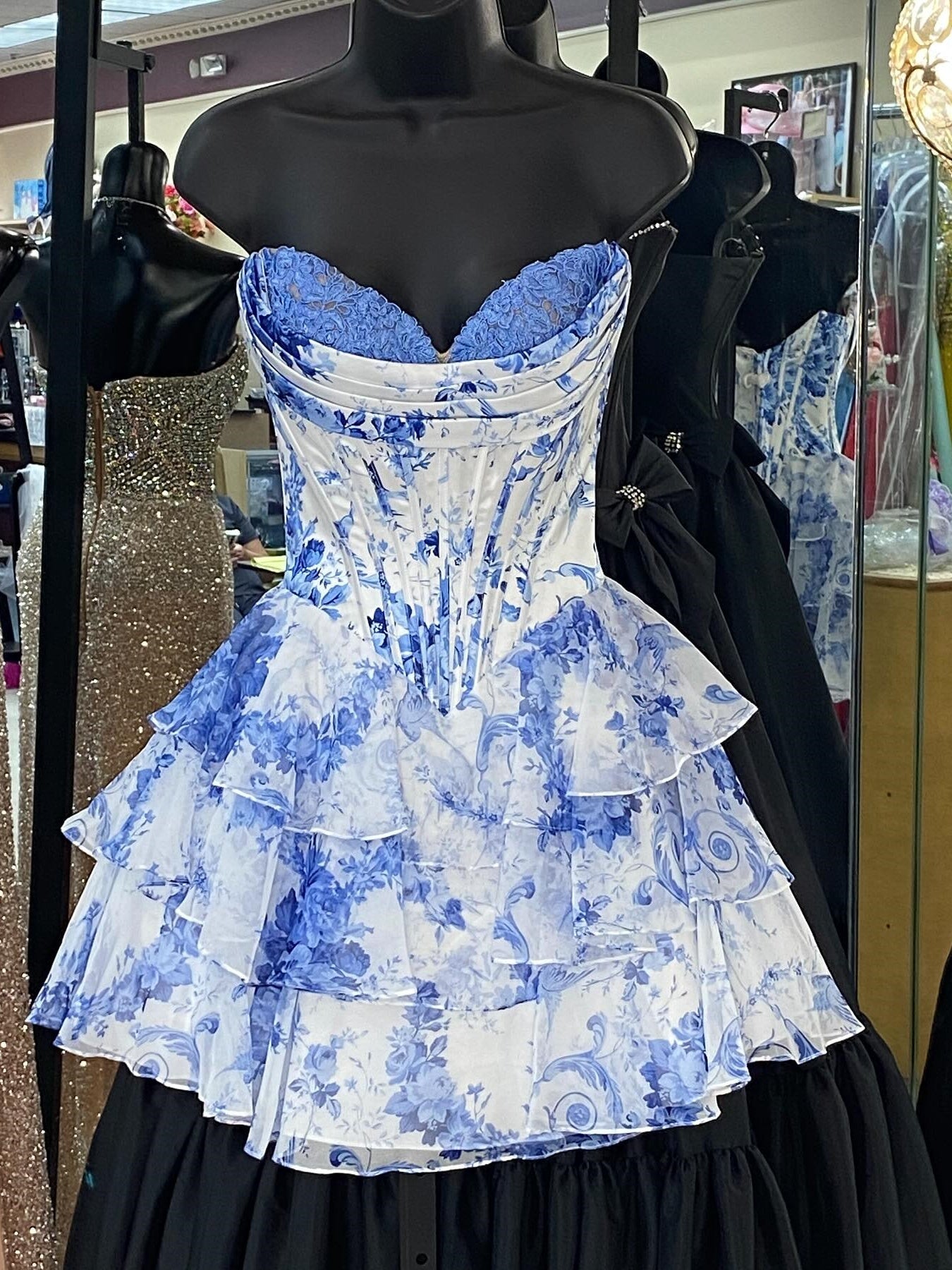 Gorgeous A Line Sweetheart Blue Printed Short Homecoming Dress with Ruffles