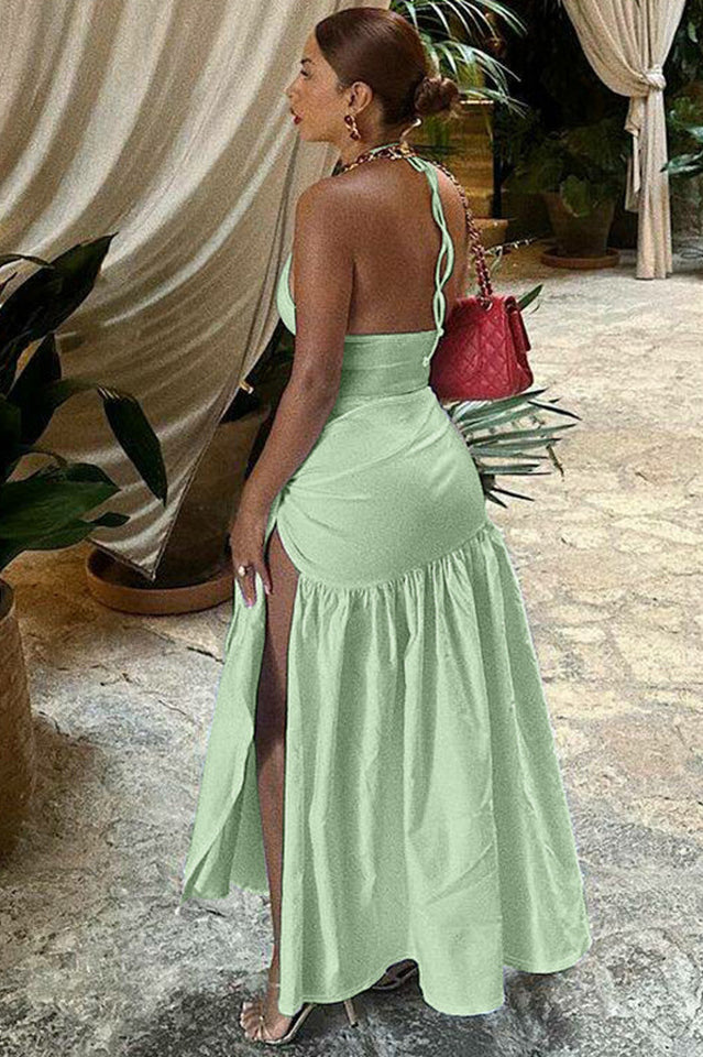 Halter Deep V-Neck Backless High Split Maxi Dress 17
