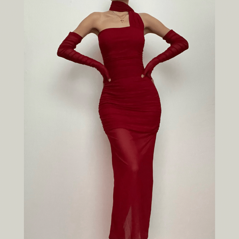 Ruched Mesh One Shoulder Scarf Neck Maxi Dress with Gloves