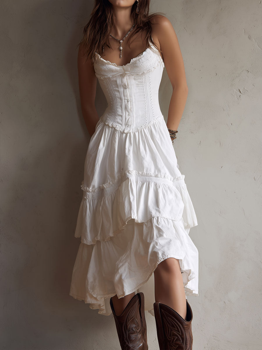 Corset Bodice Spaghetti Strap Ruffle Tiered High Low Midi Dress