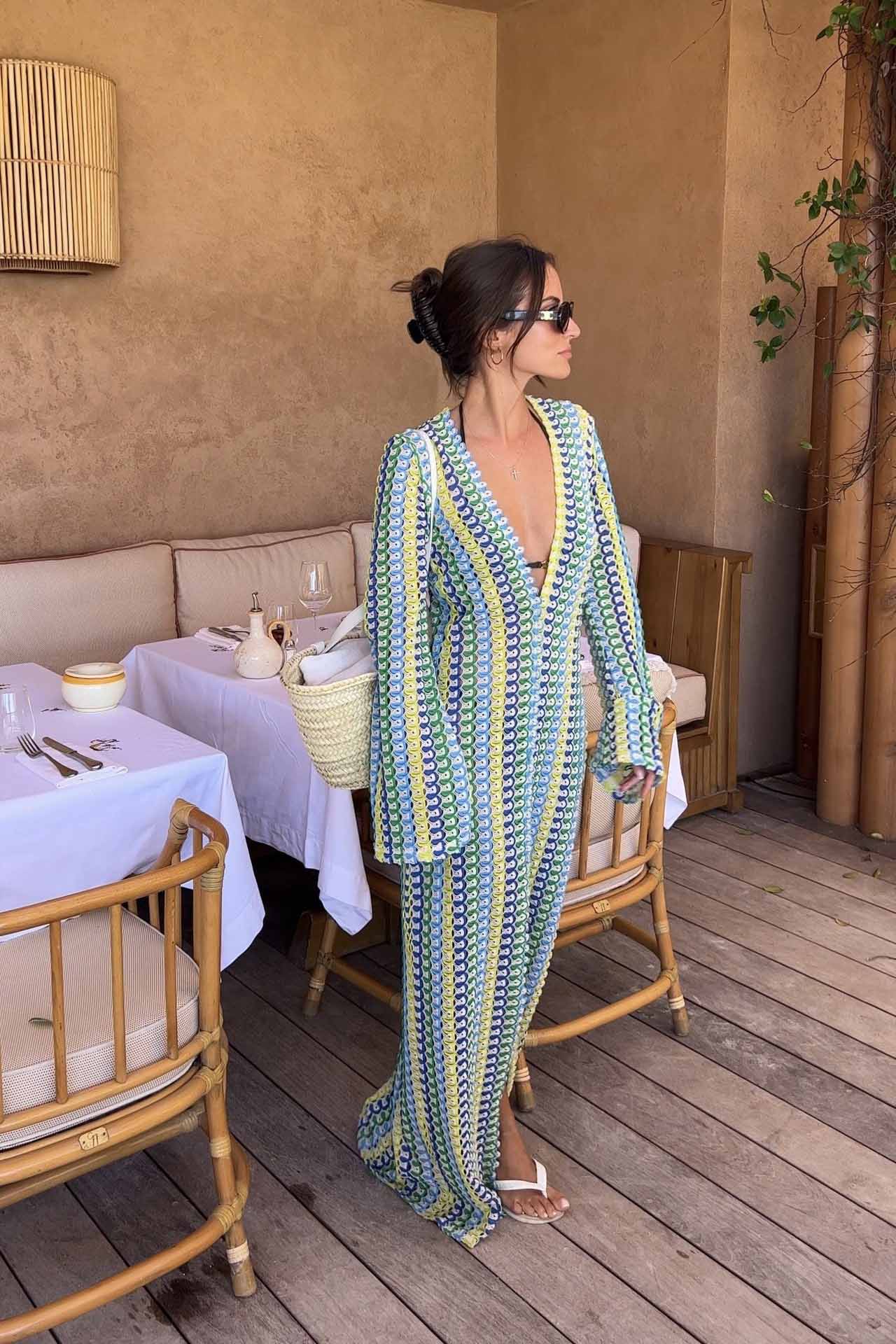 Crochet Deep V-Neck Long Sleeve Striped Boho Maxi Dress