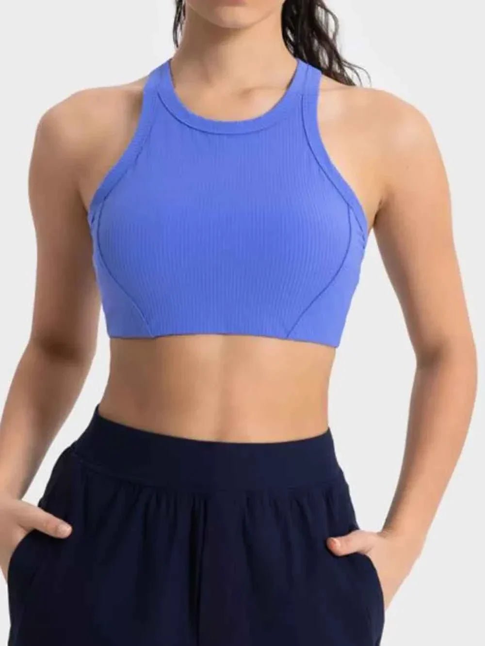 Ribbed Round Neck Wide Strap Cropped Sport Tank Top 13