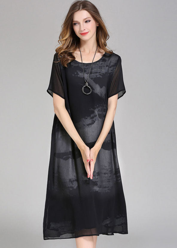 Abstract Brushstroke Print Short Sleeve Sheer Chiffon Shift Midi Dress