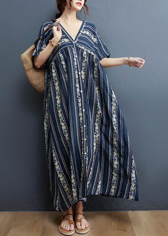 Vertical Border Print V-Neck Button Front Short Sleeve Maxi Dress