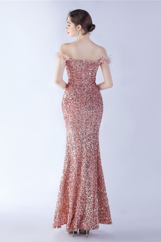 Sequin Off Shoulder Feather Trim High Split Mermaid Gown