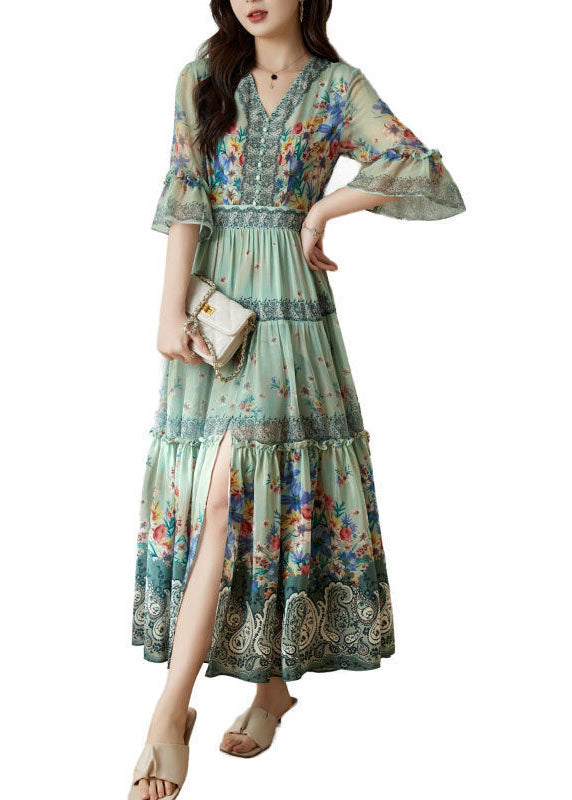Floral Print Lace Trim V-Neck Bell Sleeve Tiered Button Bodice Maxi Dress