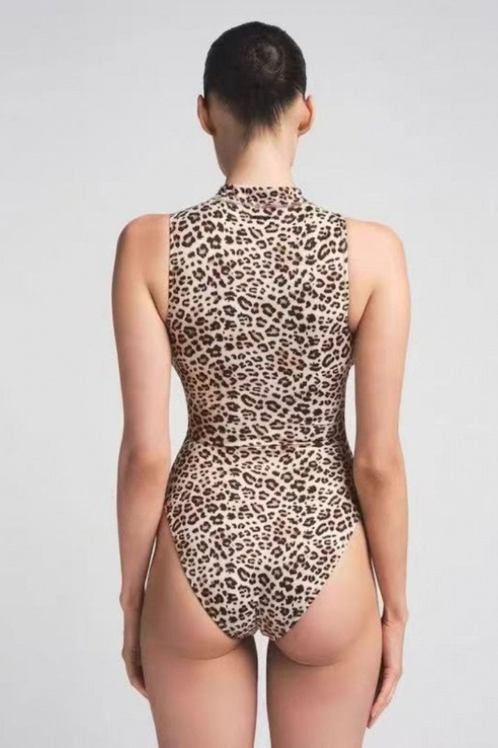 Leopard Print Zipper Front Bodysuit