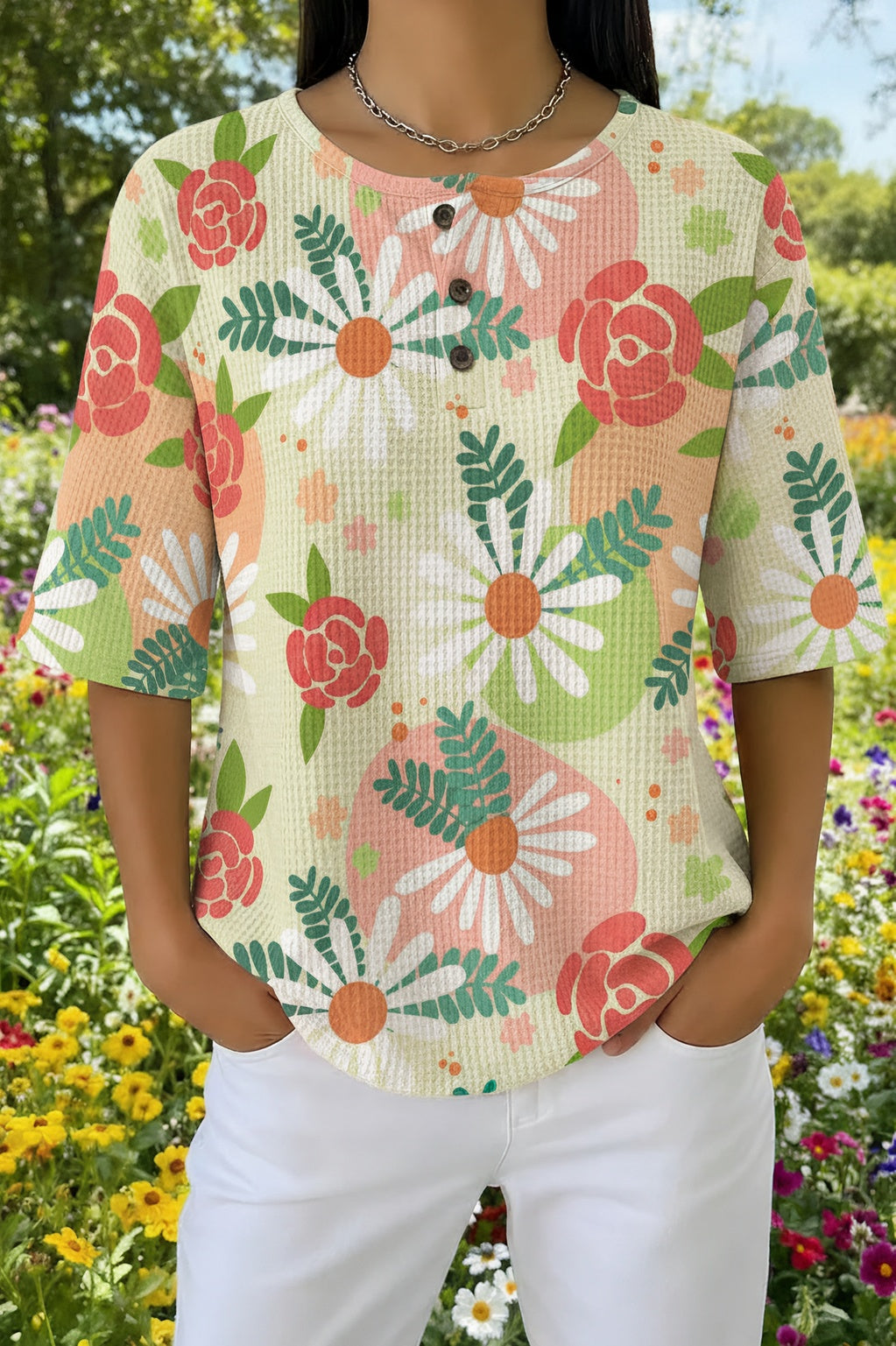 Womens Cream Multi-Color Floral Print Casual Henley Shirt