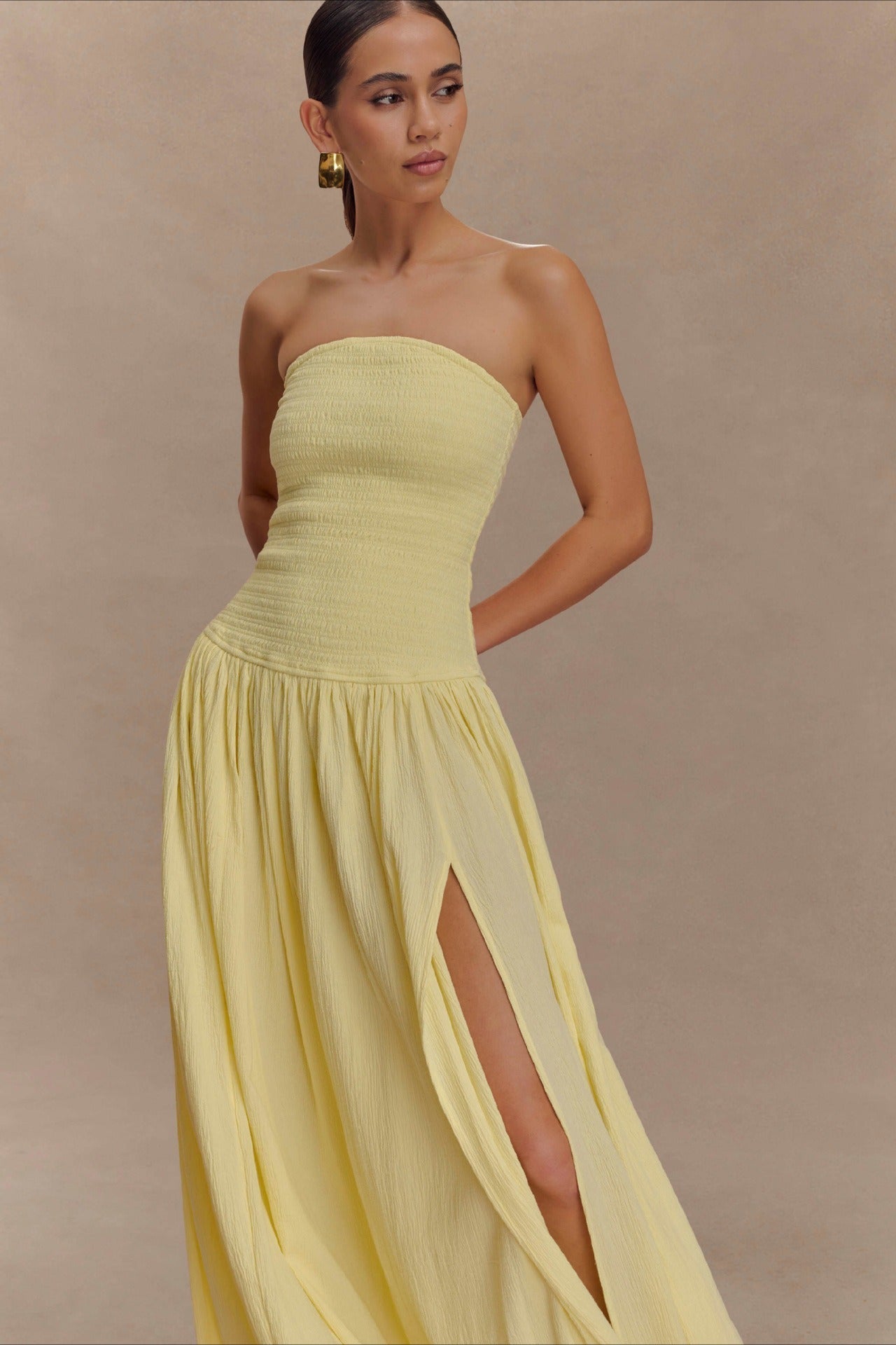 Strapless Ruched High Split Flowy Maxi Prom Dress